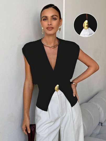 Lavishia Áo vest dệt kim cạp rộng cho nữ có nút kim loại, thời trang đi làm cho văn phòng công ty