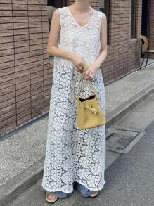 FRIFUL Women's White Solid Sheer Lace Overlay Loose Casual Dress, Versatile For Autumn Summer Women Dresses Sundress Maxi Dress - Beige - View 3
