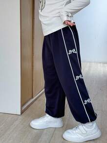 SHEIN 少女休闲蝴蝶结下摆裤 - 藍白色 - 查看 3