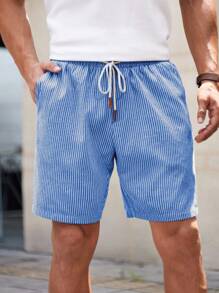 Manfinity VCAY Men's Woven Striped Short Waist Slim Fit Casual Straight Leg Shorts, Suitable For Daily Wear In Summer