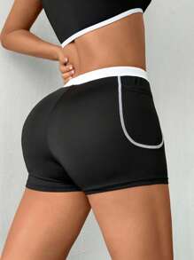 SHEIN Sovereign Charm Women's Black & White Yoga/Running Exercise Shorts With Phone Pocket - Black and White - View 2