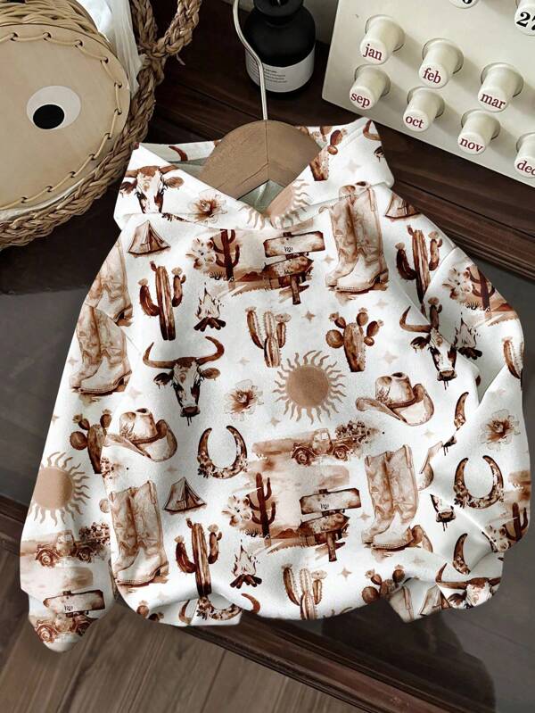 Attitoon Vintage Western Cowboy Pattern, Back To School Print Hoodie Sweatshirt, Suitable For Autumn/Winter