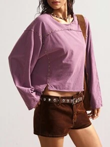 Bohemela Women's Casual Solid Color Knit Crew Neck Long Sleeve Loose Washed T-Shirt, Autumn/Winter Boho,Fall - Purple - View 6