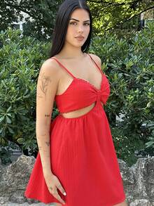 Lucia Bellido WYWH Women's Vacation Hollow Out V-Neck Sleeveless White Dress, Summer Dress - Red - View 5