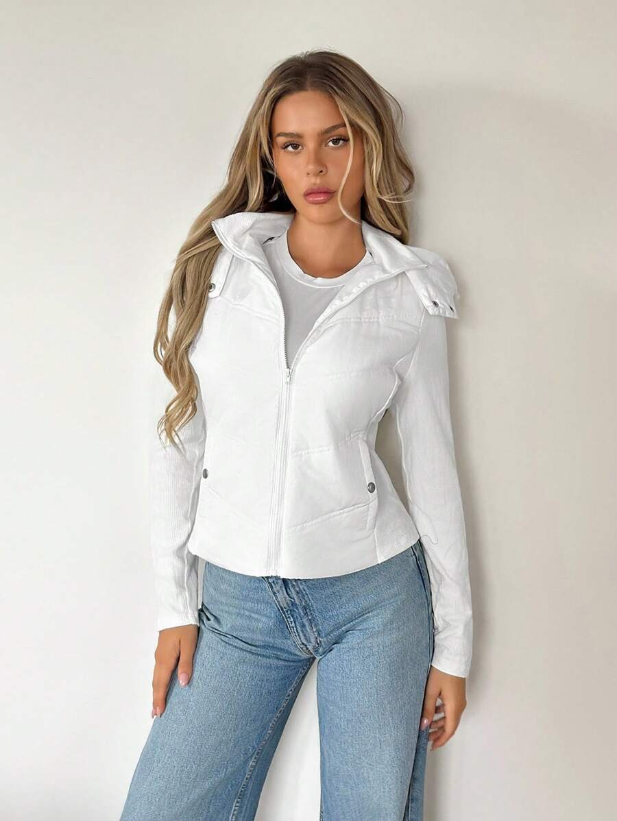 SHEIN ICON Áo khoác mùa đông ôm dáng có mũ, phối lông thú, khóa kéo, dành cho nữ. - trắng - Xem 1