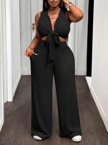 Slaydiva 2025 新款春夏大码女装复古西部/热带/音乐节/俱乐部/公路旅行/休闲/城市度假/毕业约会/优雅度假/日常基本款两件套 - 无袖系带前短款上衣和高腰阔腿裤（带口袋） - 黑色 - 查看 6