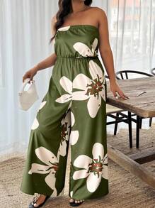 EMERY ROSE Plus Size Floral Print Halter Jumpsuit For Casual, Vacation - Green - View 3