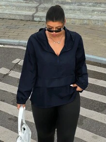 SHEIN EZwear 海军蓝加大码女式落肩长袖拉链连帽夹克 - 藏蓝色 - 查看 6