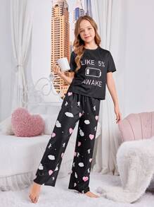 SHEIN Tween Girl Cute Sweet Short Sleeve And Long Pants Knit Flame Retardant Pajamas Set - Black - View 6