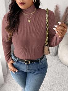 SHEIN Frenchy 女式加大码修身高领罗纹面料长袖 T 恤，百搭优雅纹理上衣加大码秋季上衣女式秋季上衣淡紫色上衣棕色高领上衣 - 藕粉色 - 查看 5