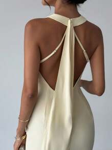 Firerie Elegant Pale Yellow Summmer Day Party Halter Deep V Backless Mermaid Maxi Dress, Glamorous Wedding Guest Formal Dresses For Vacation Graduation - Yellow - View 5