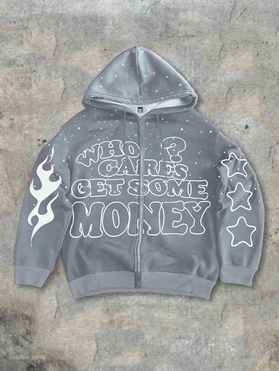 Manfinity EMRG Men's Casual Slogan Print Thermal Lined Hoodie Sweatshirt, Autumn/Winter, Who Cares Get Some Money Hoodie, Grey Zip Up Hoodie, Y2K - Grey - View 1
