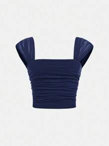 SHEIN Tween Girl Casual Elegant Solid Color Crew Neck Ruched Puff Sleeve Fitted Mesh Splice Camisole Top T-Shirt, Suitable For Back To School, Graduation, Halloween Party Navy Blue Crop Top Square Neck Crop Top Tween Girl Crop Tops Tube Top Blue Tube Top