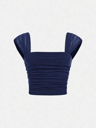 SHEIN Tween Girl Casual Elegant Solid Color Crew Neck Ruched Puff Sleeve Fitted Mesh Splice Camisole Top T-Shirt, Suitable For Back To School, Graduation, Halloween Party Navy Blue Crop Top Square Neck Crop Top Tween Girl Crop Tops Tube Top Blue Tube Top