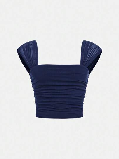 SHEIN Camiseta casual elegante para meninas adolescentes, cor sólida, gola redonda, manga bufante, justa, de malha, adequada para volta às aulas, formatura, festa de Halloween