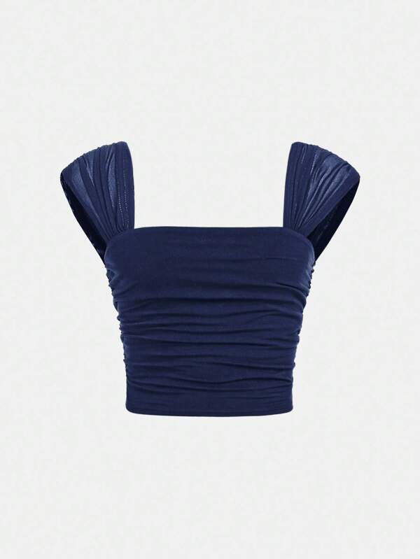 Tween Girl Casual Elegant Solid Color Crew Neck Ruched Puff Sleeve Fitted Mesh Splice Camisole Top T-Shirt, Suitable For Back To School, Graduation, Halloween Party Navy Blue Crop Top Square Neck Crop Top Tween Girl Crop Tops Tube Top Blue Tube Top