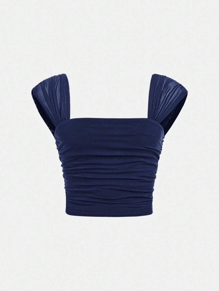 SHEIN Tween Girl Casual Elegant Solid Color Crew Neck Ruched Puff Sleeve Fitted Mesh Splice Camisole Top T-Shirt, Suitable For Back To School, Graduation, Halloween Party Navy Blue Crop Top Square Neck Crop Top Tween Girl Crop Tops Tube Top Blue Tube Top