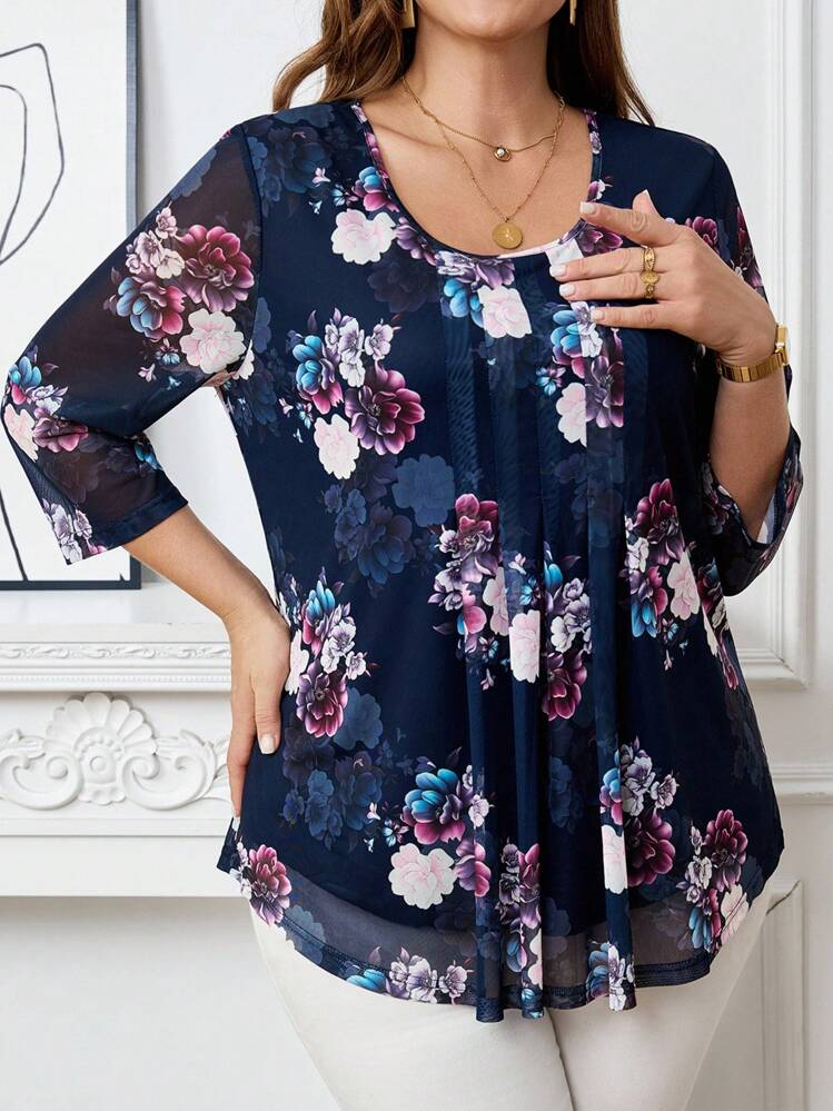 EMERY ROSE Camisa de mujer de talla grande con estampado floral azul marino de manga 3/4, conjunto de verano para mujer - Multicolor - Añade 4