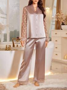 LuxeNights 女士3D立体花卉蕾丝爱心网纱拼接仿丝缎睡衣套装，家居服套装，新娘睡衣套装，秋冬服装 - 香檳色 - 查看 3