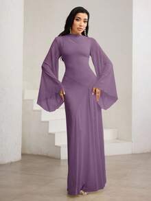 Veilorie Váy tay loe màu trơn thanh lịch dành cho nữ - Màu tím - Xem 5