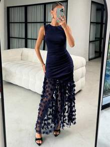 Lavishia Đầm dài ôm sát cổ tròn không tay họa tiết hoa 3D bằng lưới dệt kim đàn hồi màu đen dành cho nữ - Màu xanh hải quân - Xem 4