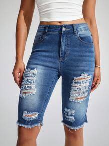 SHEIN LUNE Summer Casual Washed Distressed Slim Fit Denim Shorts - Medium Wash - View 4