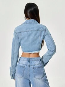SHEIN PETITE Casual Washed Distressed Frayed Hem Cropped Denim Jacket - Light Wash - View 2
