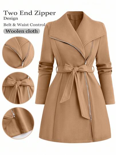 Rometta Abrigo elegante de talla grande para mujer con solapa, manga larga, cremallera frontal, de unicolor, para otoño e invierno