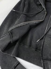 Comfortcana 秋冬女士纯色长袖拉链前口袋抽绳连帽休闲运动衫 - 黑色 - 查看 4