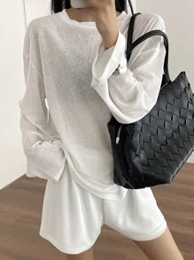 Livesso Women's Summer Long Sleeve Loose Top And Shorts 2 Pieces Set Lounge Sets For Women - White - View 1