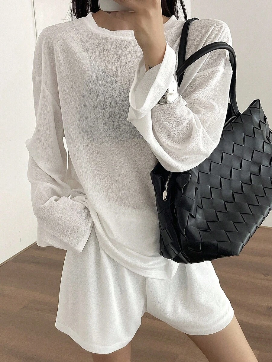 Livesso Women's Summer Long Sleeve Loose Top And Shorts 2 Pieces Set Lounge Sets For Women - White - View 1