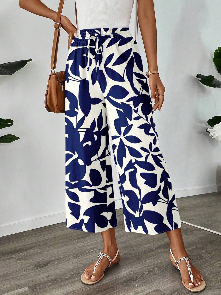 SHEIN LUNE Women's Casual Floral & Leaf Print 3/4 Pants, Suitable For Summer, Everyday Wear, And Vacation Suitable For Going Out Printed Pants Wide Leg Summer Pants Women Casual Pants Fall Clothes Winter Clothes - Multicolor - View 1
