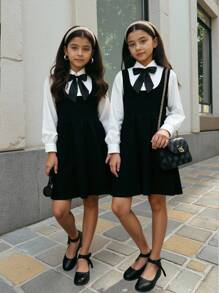 SHEIN Tween Mädchen Lässig Schule Alltag 2 in 1 Langarm Hemdkragen Kleid mit Schleife, Preppy Uniform Rückkehr zur Schule