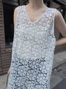 FRIFUL Women's White Solid Sheer Lace Overlay Loose Casual Dress, Versatile For Autumn Summer Women Dresses Sundress Maxi Dress - Beige - View 6
