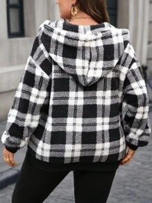 EMERY ROSE Plus Size Women's Fall Casual Fuzzy Plaid Hooded Thermal Zipper Neckline Sweatshirt With Pockets, Autumn/Winter, Going Out, 2025 New, Fall For Women, Plaid Sweatshirts For Women - Black and White - View 6