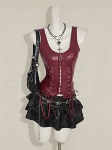 SHEIN ICON Y2k 女士哥特风酒红色露背纯色 PU 皮革系带设计时尚 PU 皮革上衣