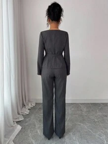Siren Gaze 2 件套女士西装套装：灰色细条纹系腰夹克和裤子，女教师商务休闲办公装灰色细条纹两件套女士细条纹裤装优雅两件套长袖两件套条纹两件套女士 - 灰色 - 查看 2