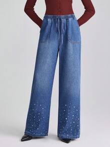 SHEIN Essnce Women's Rhinestone Star Drawstring Waist Pocketed Casual Jeans - Dark Wash - View 1