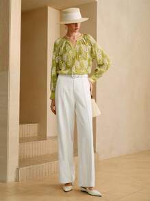 Zanirela 女士雪纺面料V领H型刺绣镂空设计优雅约会长袖衬衫秋季女士外出上衣女士秋季飘逸上衣 - 綠色 - 查看 8