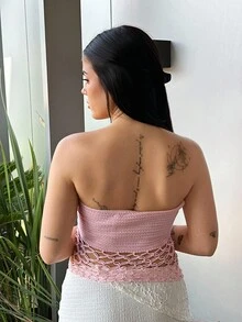 Lucia Bellido 女士针织钩针海星无缝镂空紧身短款上衣，适合音乐节 - 粉色 - 查看 2