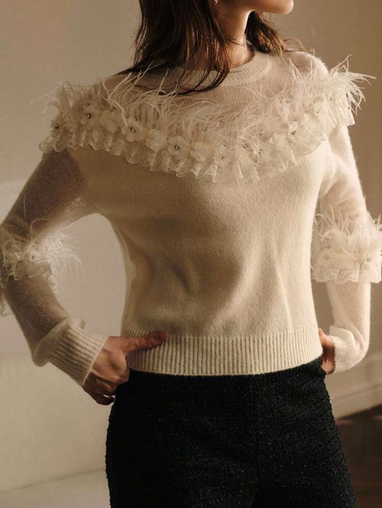 APPLIQUES CONTRAST FAUX FUR SWEATER
