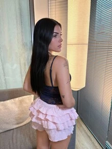 Lucia Bellido Women's Autumn/Winter New Solid Color Elegant Sweet Ballerina Style Ultra Low Waist Multi-Layer Ruffle Hem Skirt Shorts - Pink - View 1