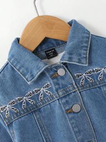 2pcs Girls Casual Denim Cropped Top And Cute Embroidered Denim Pants Comfortable Washed Denim Set - Medium Wash - View 6