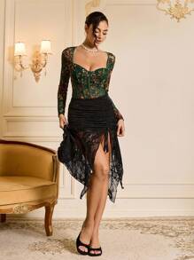 Allurite Ladies' Lace Patchwork Sweetheart Collared Bodysuit Fall Cloth For Women - Green - View 4