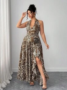 Elenzga Robe maxi élégante et romantique pour tous les jours et les fêtes, grande taille, ras-du-cou, col ras-du-cou Top de gamme, imprimé léopard, volants, col V profond, décor floral, fendu, ample - Multicolore - Voir 4