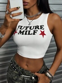 Rovax 女士星星和字母印花修身短款背心，适合夏季未来熟女 - 白色 - 查看 1