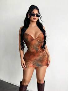 SHEIN SXY 女式性感细肩带扎染修身迷你连衣裙 - 彩色 - 查看 5