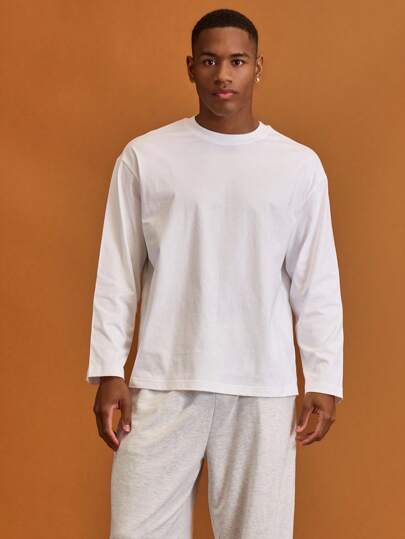 Musero Men Oversized Crewneck Long Sleeve Basic Plain T-Shirt Capsule Wardrobe Layering  Spring&Summer
