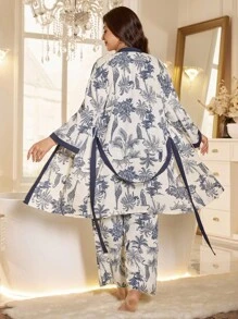 SHEIN MuseNap CURVE Plus Size Solid Color Cami Top & Tropical Print Pants & Robe Pajama Set, Fall Winter Clothes - Blue and White - View 2