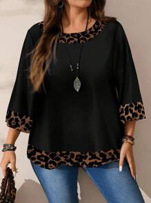 EMERY ROSE Blouse ample à imprimé intégral, col rond, manches 3/4 pour femmes grandes tailles, automne/hiver - Noir - Voir 1